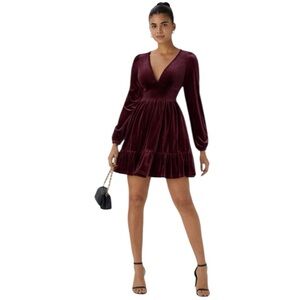 Halara Everyday Deep V Neck Long Sleeve Ruffled Hem Velvet Mini Chill Dress L